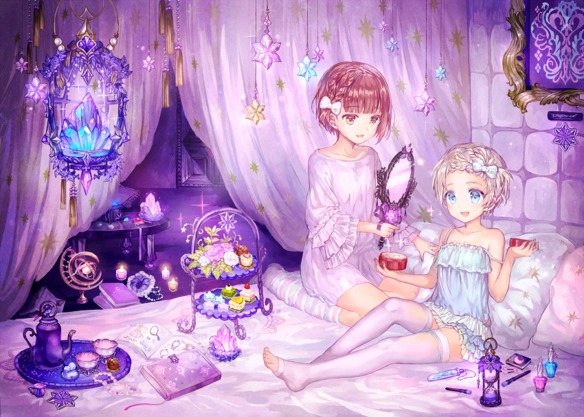 2girls, alternate_costume, bare_shoulders, blue_eyes, book, bottle, bow, brown_eyes