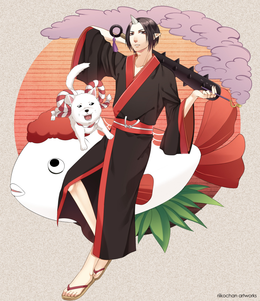 1boy, absurdres, black_eyes, black_hair, dog, fish, full_body, highres