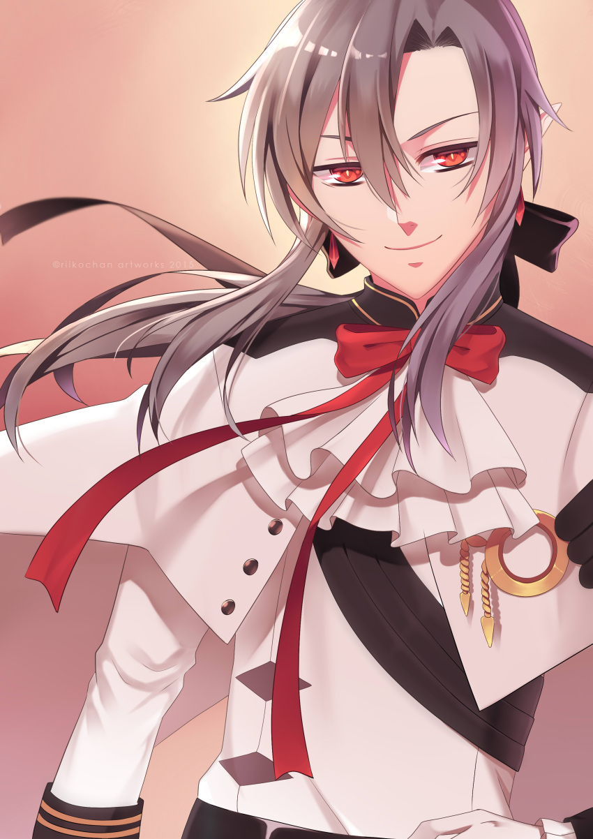 1boy, absurdres, ferid_bathory, gloves, grey_hair, highres, long_hair, looking_at_viewer, owari_no_seraph, pointy_ears, red_eyes, ribbon, riikochan, smile, solo, white_gloves