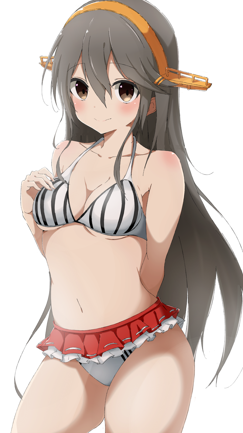 1girl, adapted_costume, bikini, black_hair, hair_ornament, hairband, hairclip, haruna_(kantai_collection), highres, kantai_collection, koutya, long_hair, remodel_(kantai_collection), skirt, smile, solo, striped, striped_bikini, striped_swimsuit, swimsuit