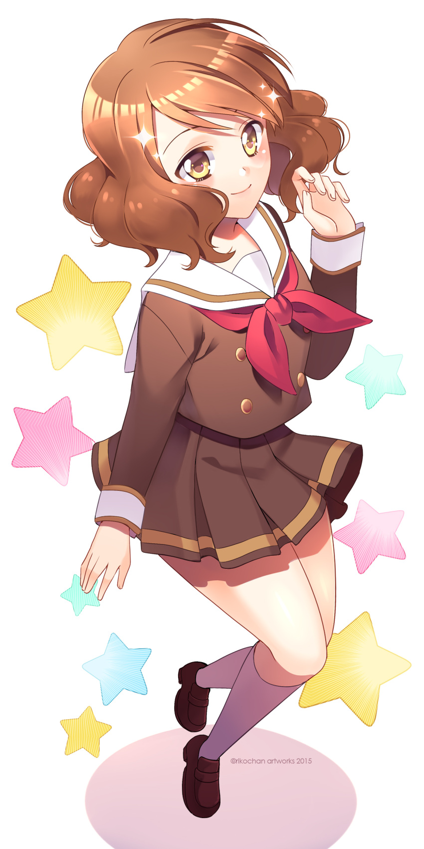 1girl, absurdres, brown_hair, full_body, hibike!_euphonium, highres, oumae_kumiko, riikochan, school_uniform, short_hair, smile, solo, star, yellow_eyes