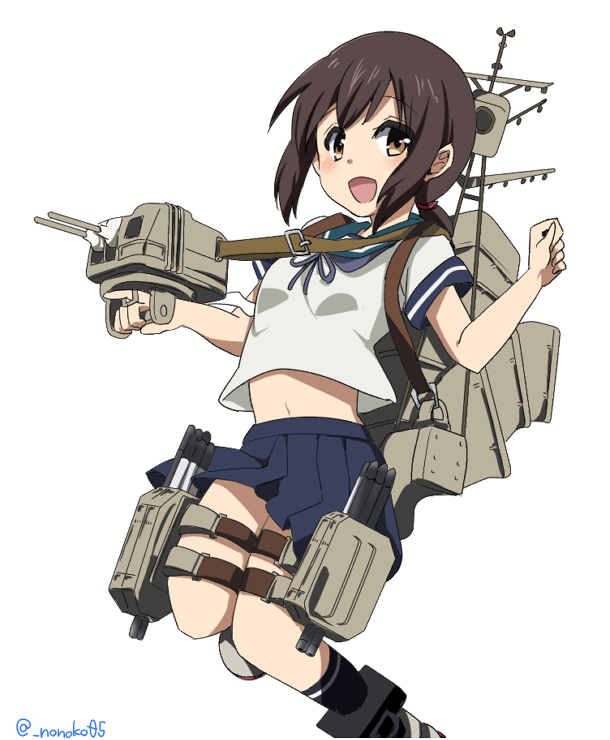 fubuki_(kantai_collection), kantai_collection, machinery, mitsu_(nonoko05), navel, ponytail, school_uniform