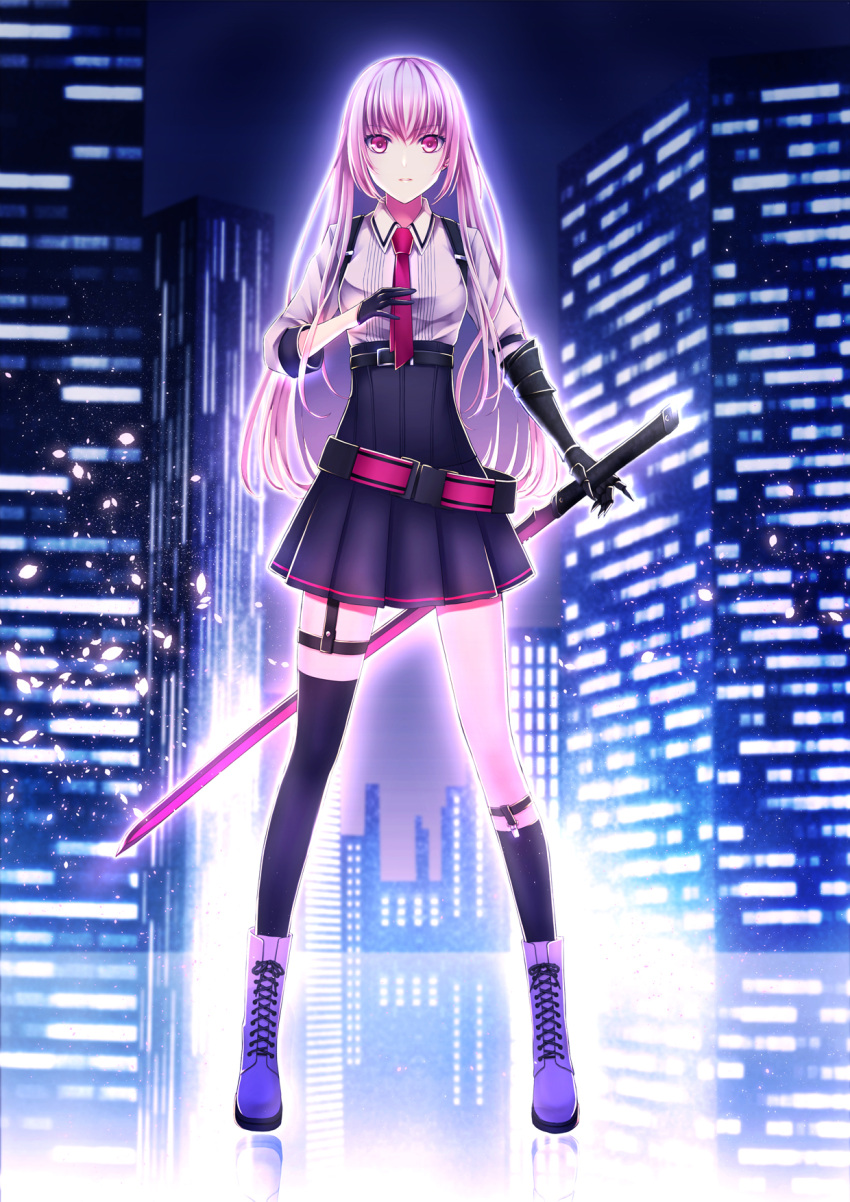 1girl, gauntlets, glowing, highres, kaen_(k-artworks), katana, long_hair, original, pink_hair, single_thighhigh, solo, sword, thigh-highs, weapon