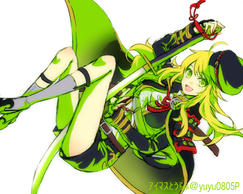 1girl, ahoge, blonde_hair, cape, cosplay, garters, green_eyes, grey_legwear