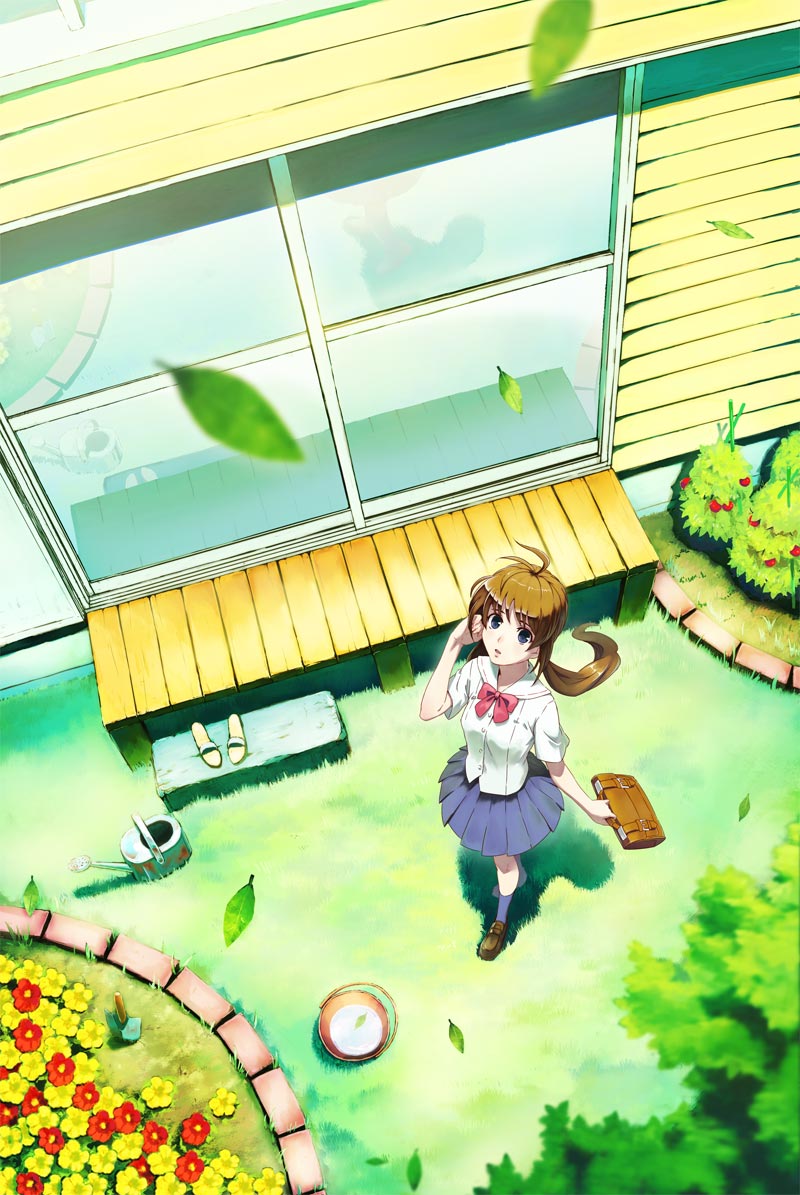 adjusting_hair, backyard, bad_id, bag, blurry, brown_hair, depth_of_field, flower