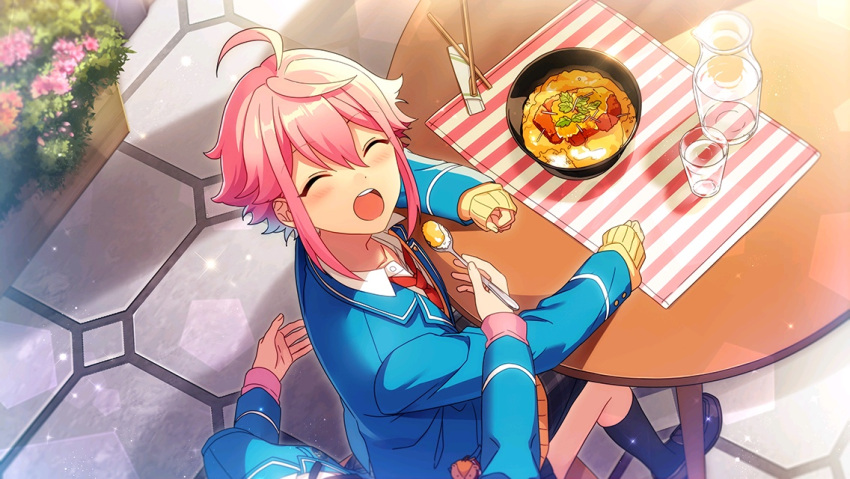 1boy, 1girl, ahoge, blazer, blush, closed_eyes, ensemble_stars!, feeding
