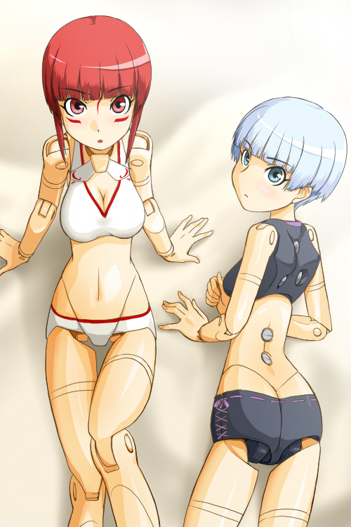 azuma_doguu, blue_eyes, blue_hair, busou_shinki, doll_joints, fubuki_(busou_shinki), lying, mizuki_(busou_shinki)