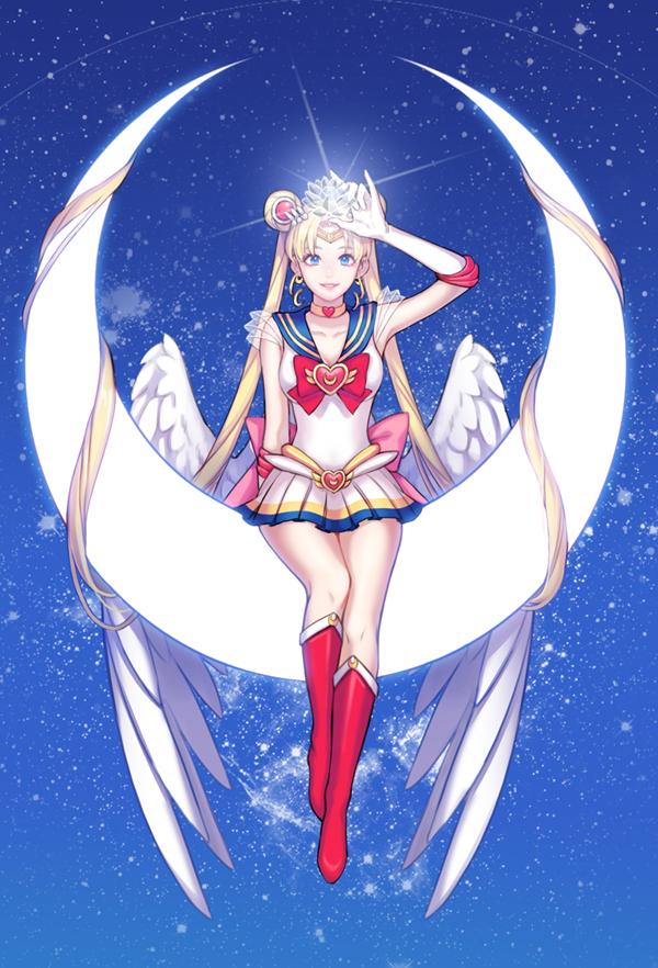 1girl, angel_wings, bishoujo_senshi_sailor_moon, blonde_hair, blue_eyes, boots, choker, crescent_moon