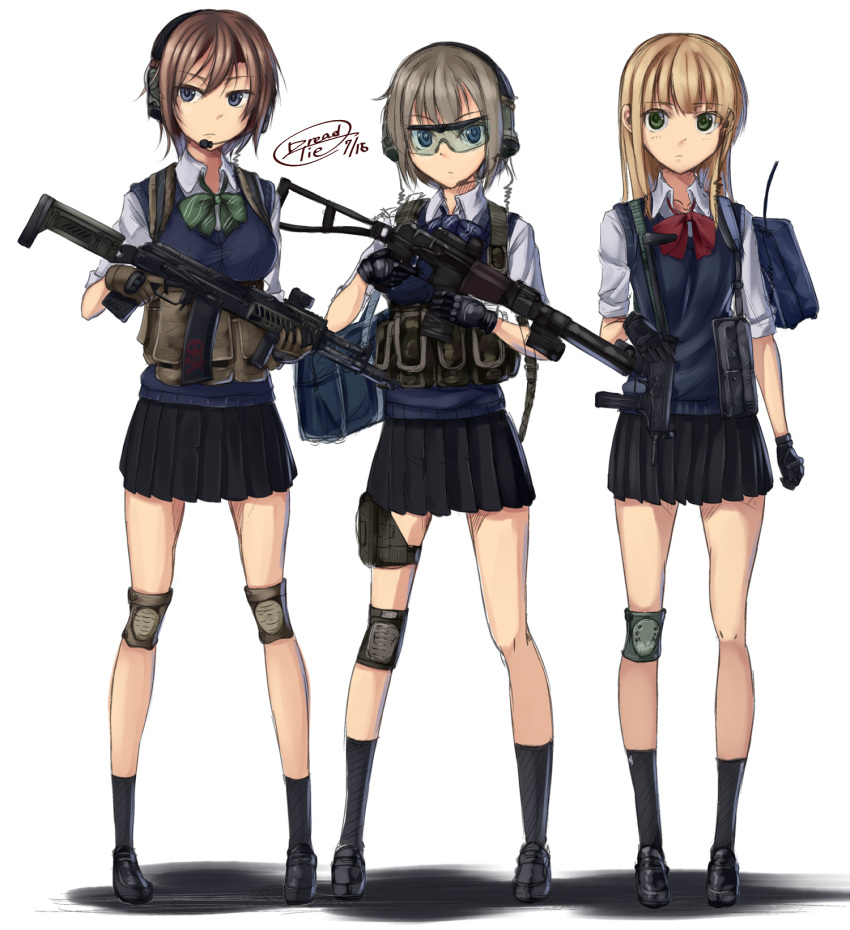 3girls, ak-105, as_val, assault_rifle, blonde_hair, blue_eyes, brown_hair, dreadtie