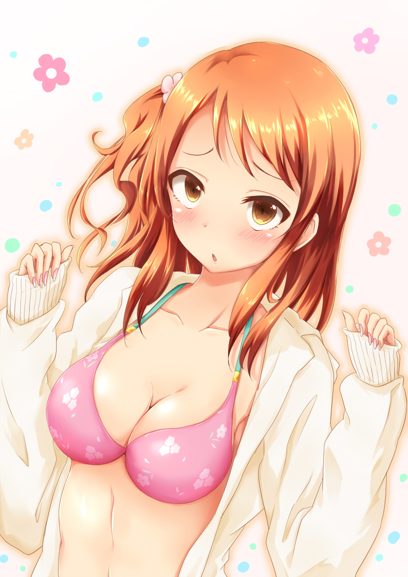 1girl, bikini, bikini_under_clothes, blush, breasts, brown_eyes, chigusa, cleavage