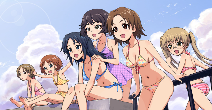 6+girls, bikini, bikini_skirt, black_eyes, black_hair, blue_eyes, blue_hair, brown_eyes