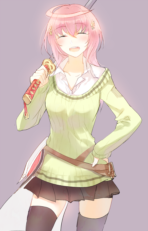 1girl, closed_eyes, hair_ornament, hairpin, hand_on_hip, hitofuri_ichigo, katana, magicpants, open_mouth, school_uniform, sheath, shinken!!, skirt, smile, sweater, sword, thigh-highs, weapon
