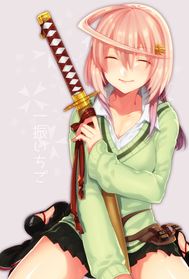 1girl, closed_eyes, etsuo, hair_ornament, hairpin, hitofuri_ichigo, pink_hair, school_uniform