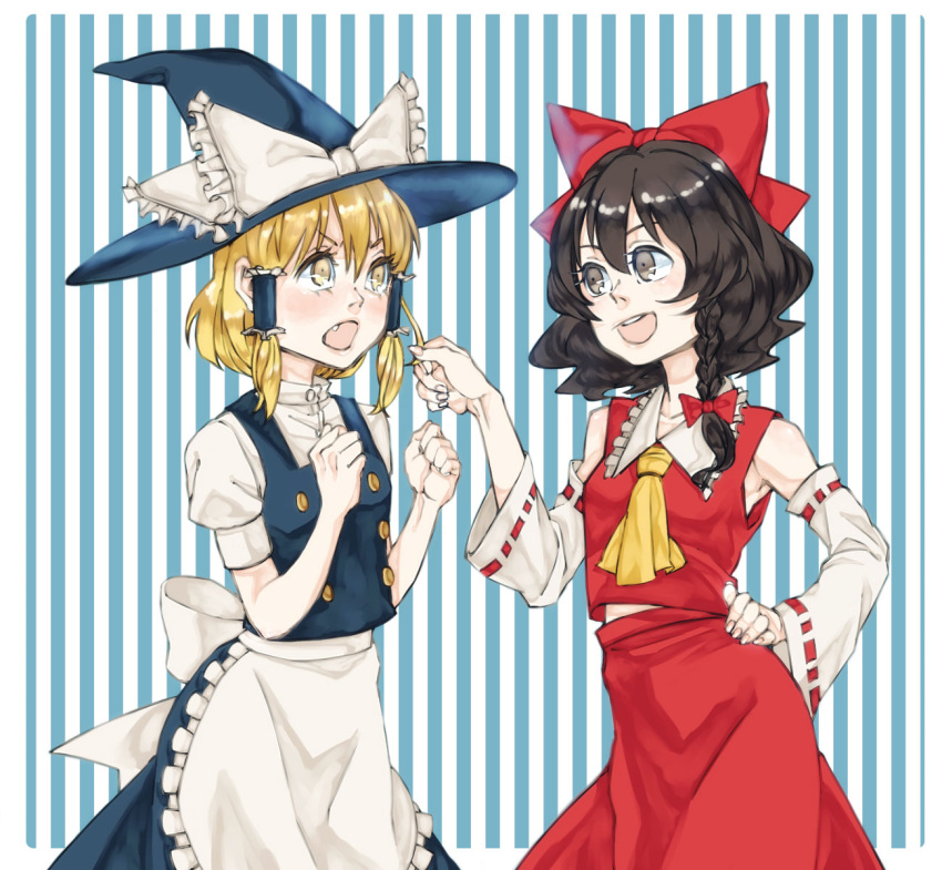 2girls, alternate_hairstyle, apron, ascot, blonde_hair, bow, braid, brown_eyes, brown_hair, detached_sleeves, hair_bow, hair_pull, hair_tubes, hairstyle_switch, hakurei_reimu, hat, highres, kirisame_marisa, long_hair, looking_at_another, multiple_girls, nappooz, ribbon, short_hair, side_braid, striped, striped_background, touhou, waist_apron, witch_hat, yellow_eyes