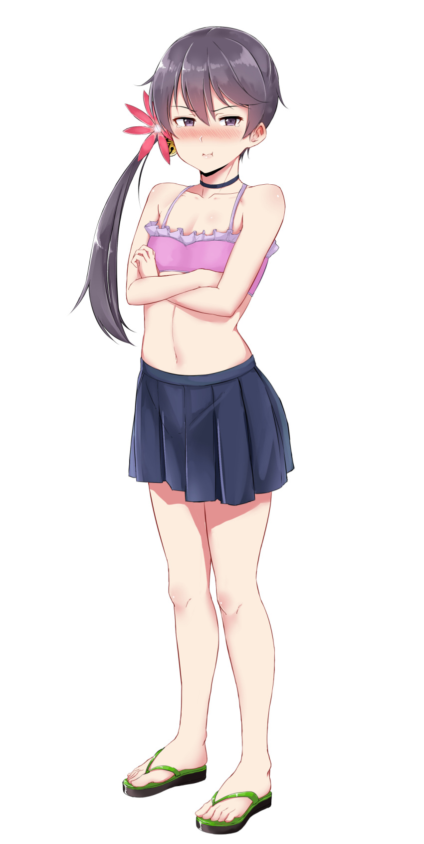 1girl, :t, akebono_(kantai_collection), bell, bikini_top, blush, chizurusou_(tiduru_39), crossed_arms