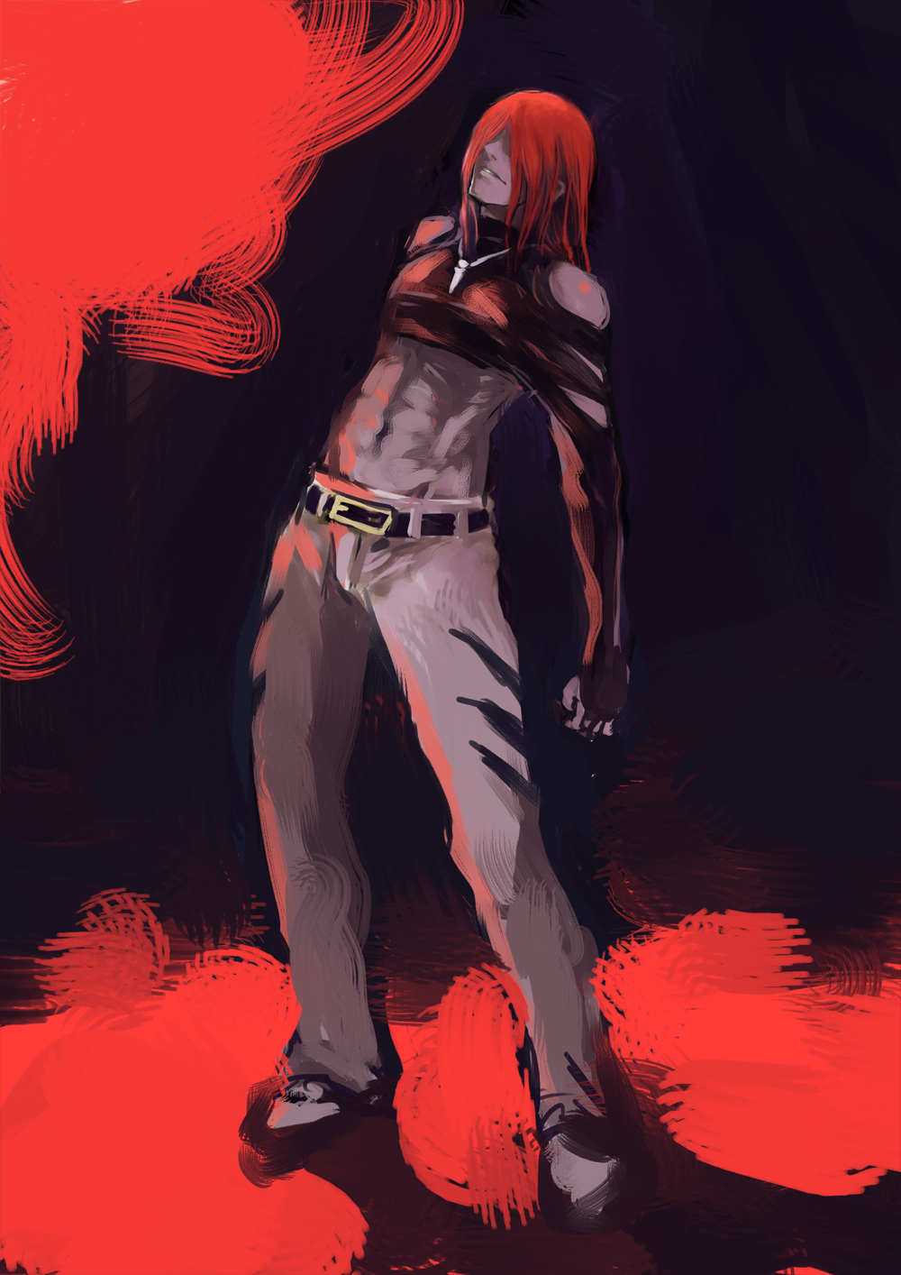 1boy, abs, bangs, bare_shoulders, belt, crop_top, freeman, full_body