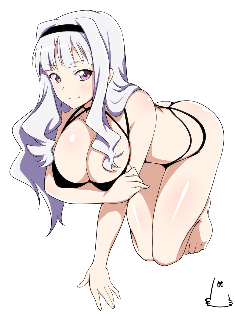 1girl, barefoot, bikini, breast_hold, breasts, cleavage, hairband, idolmaster, jabara921, large_breasts, long_hair, looking_at_viewer, shijou_takane, silver_hair, solo, swimsuit, violet_eyes
