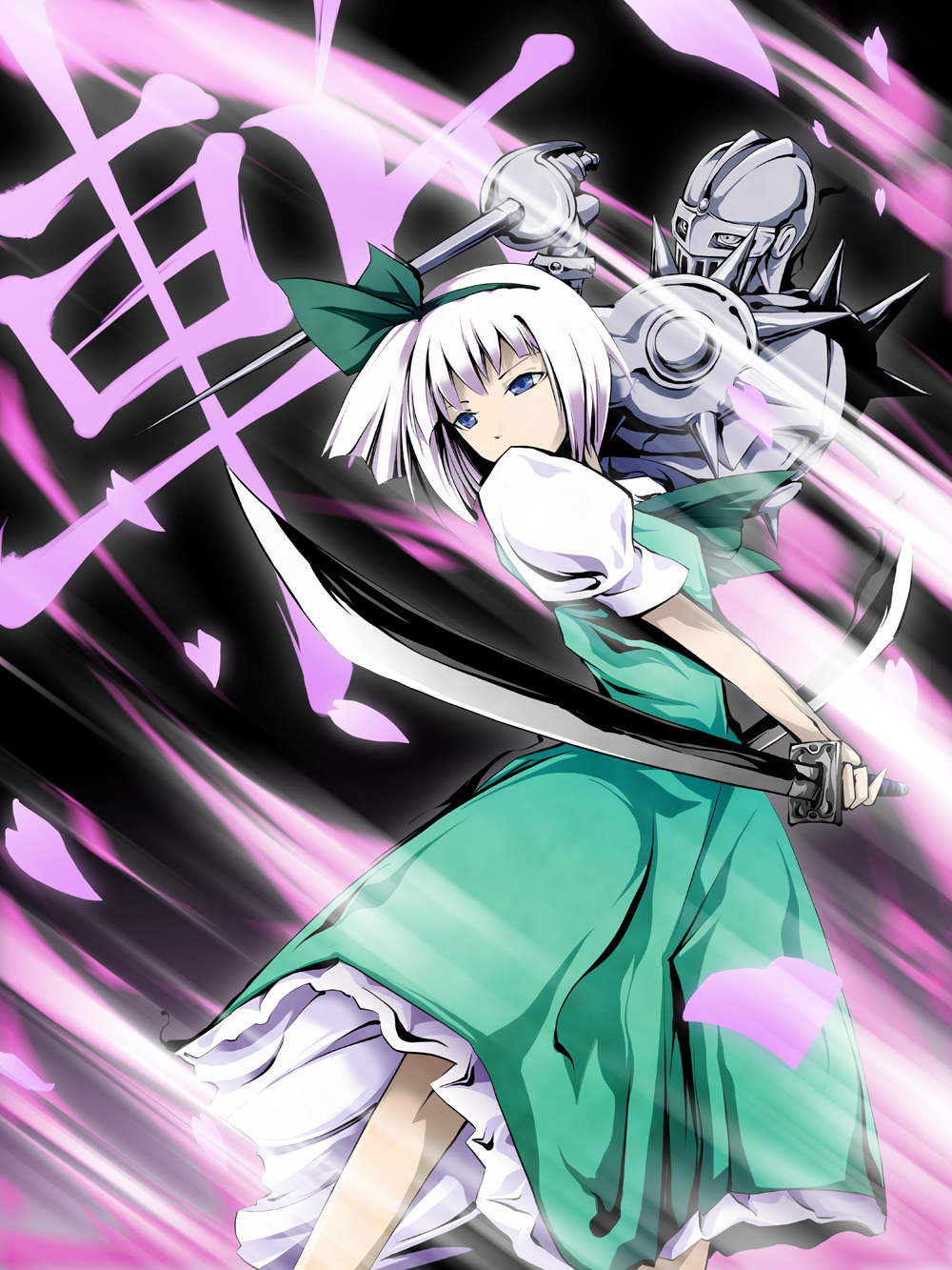 crossover, epee, highres, jojo_no_kimyou_na_bouken, katana, konpaku_youmu, painfultree, petals