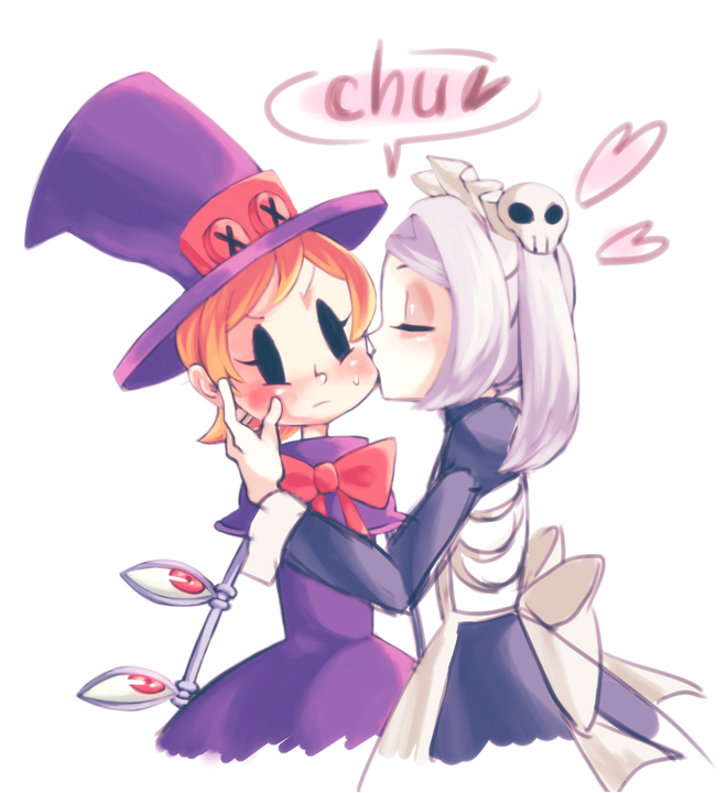 2girls, apron, bloody_marie_(skullgirls), blush, bow, cheek_kiss, closed_eyes, extra_eyes