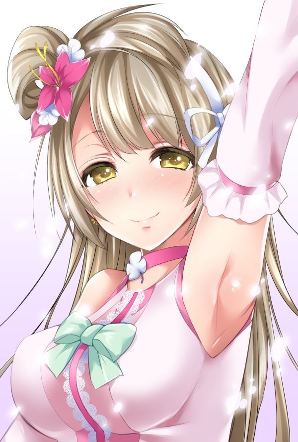 1girl, arm_up, armpits, blush, brown_hair, choker, elbow_gloves, flower