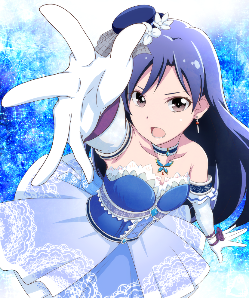1girl, arm_up, blue_hair, butterfly, choker, dress, earrings, elbow_gloves, flower, gloves, hat, hat_flower, idolmaster, idolmaster_one_for_all, jabara921, jewelry, kisaragi_chihaya, long_hair, looking_at_viewer, necklace, open_mouth, solo, strapless_dress, violet_eyes
