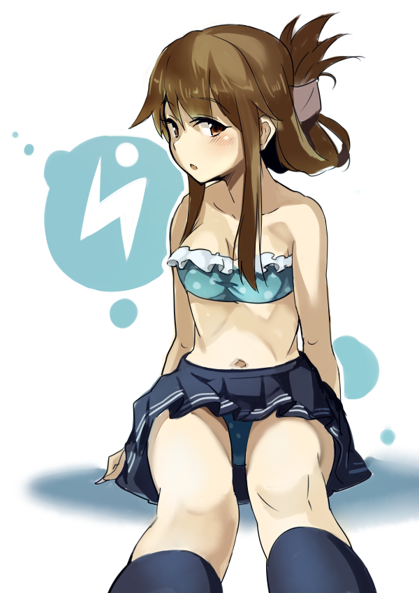 1girl, alternate_costume, bare_arms, blue_skirt, brown_eyes, brown_hair, crop_top, folded_ponytail