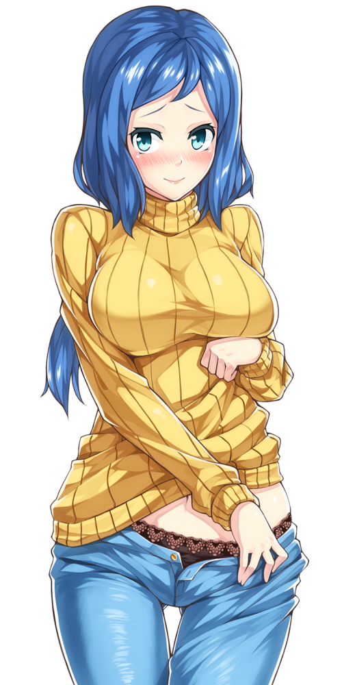 1girl, black_panties, blue_eyes, blue_hair, blush, breasts, denim, gundam