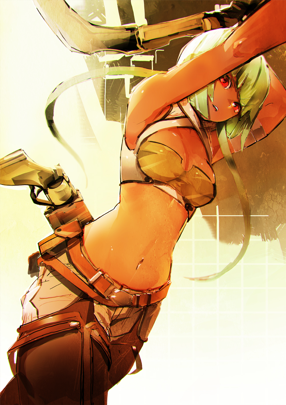 1girl, arms_up, breasts, criss-cross_halter, dark_skin, emerald_sustrai, green_hair, halter_top, halterneck, highres, navel, pants, red_eyes, rwby, short_hair_with_long_locks, so-bin, solo