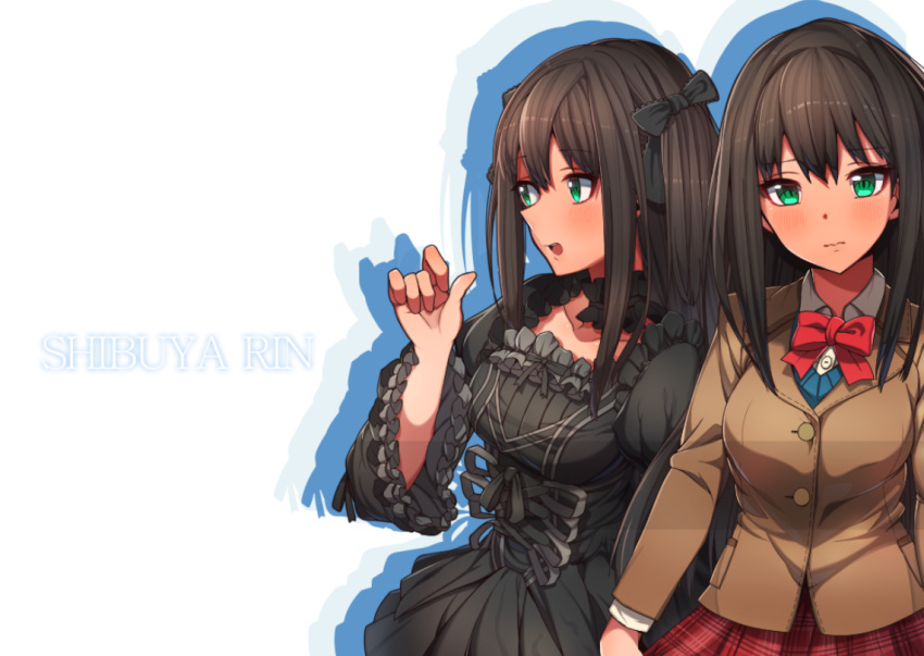 1girl, blush, bow, brown_hair, character_name, choker, collarbone, dual_persona