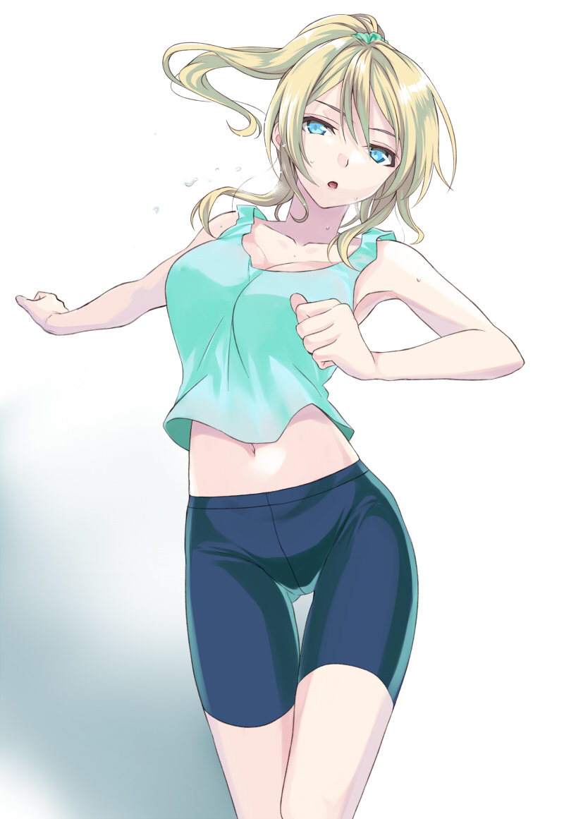 1girl, :o, ayase_eli, bike_shorts, blonde_hair, blue_eyes, breasts, crotch_seam