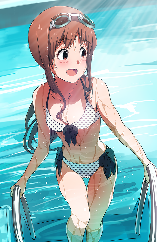 1girl, bikini, breasts, brown_hair, front-tie_top, goggles, goggles_on_head, idolmaster