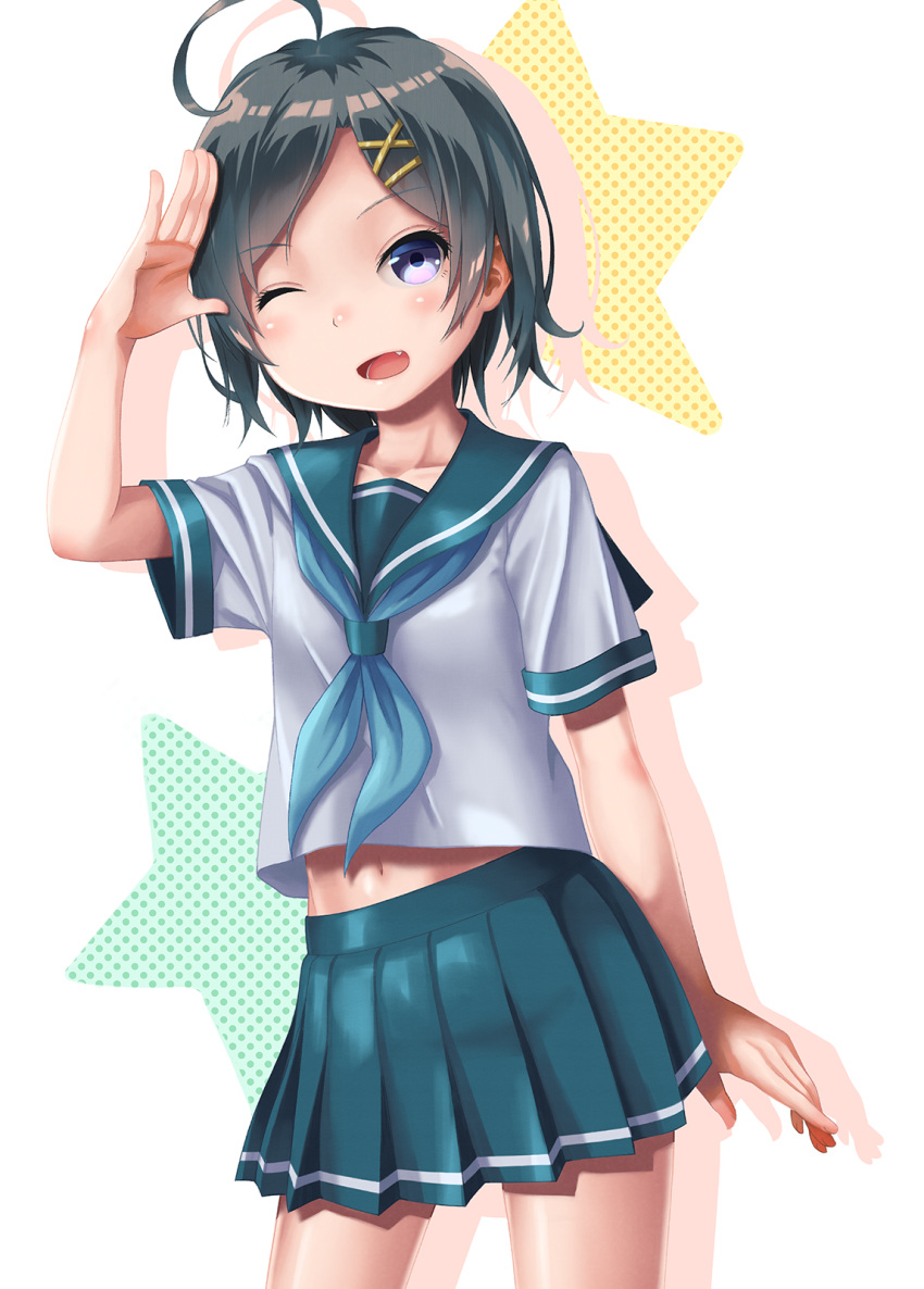 1girl, ahoge, arm_up, black_hair, blue_eyes, fang, hair_ornament, hairclip