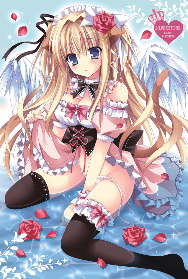 1girl, animal_ears, bare_shoulders, black_legwear, blonde_hair, blue_eyes, breasts, cat_ears