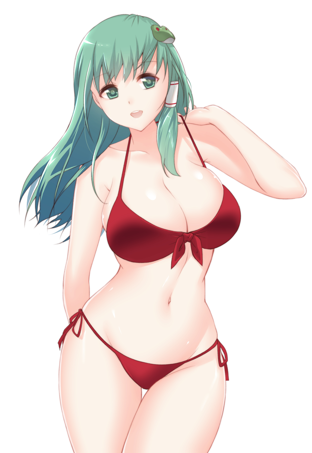 1girl, bikini, breasts, cleavage, collarbone, frog_hair_ornament, green_eyes, green_hair
