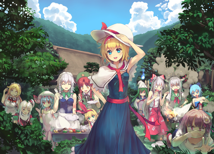 alice_margatroid, blue_sky, cirno, clouds, culter, ellen, fujiwara_shun'ichi, grill, grilling, hong_meiling, izayoi_sakuya, kamishirasawa_keine, mima, remilia_scarlet, shanghai_doll, sky, touhou, yumeko