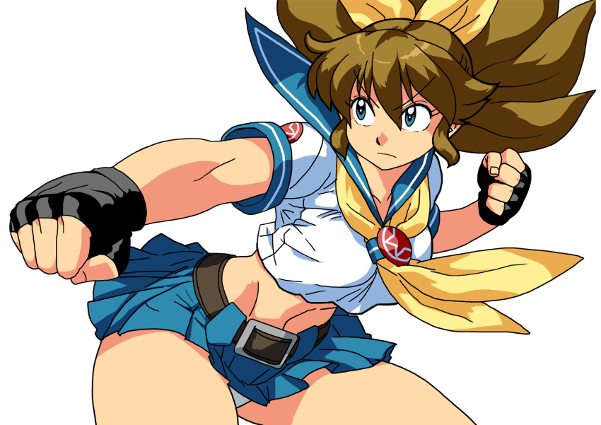 1girl, belt, blue_eyes, blue_skirt, brown_hair, fingerless_gloves, gloves, grey_panties