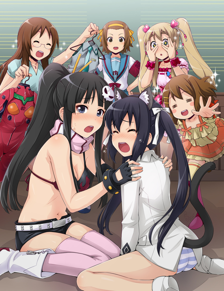 6+girls, =_=, akiyama_mio, animal_ears, armband, ass, belt, bikini_top