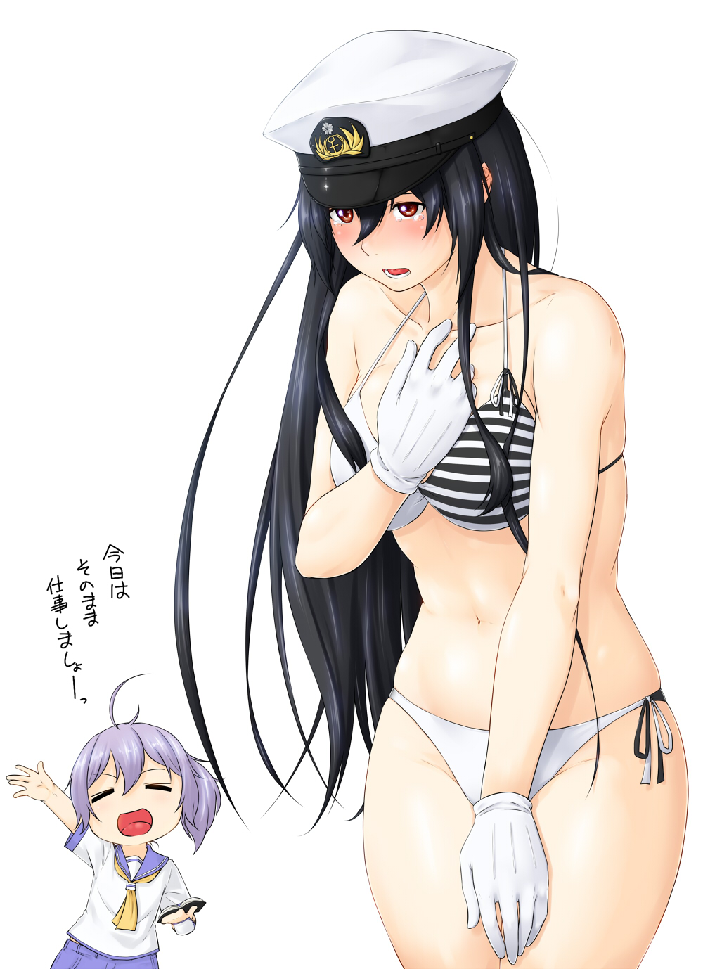 2girls, aoba_(kantai_collection), black_hair, female_admiral_(kantai_collection), gloves, highres, kantai_collection, multiple_girls