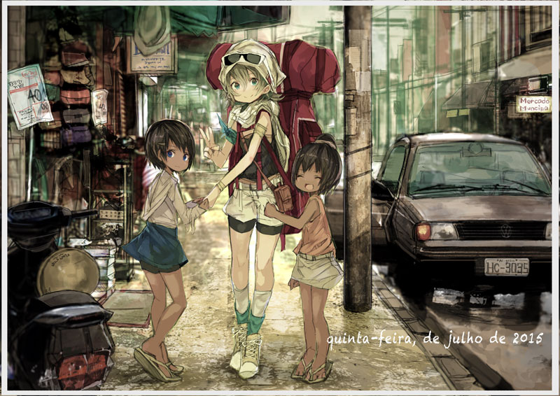 3girls, akiyama_tama, backpack, bag, bike_shorts, blue_eyes, brown_hair, car