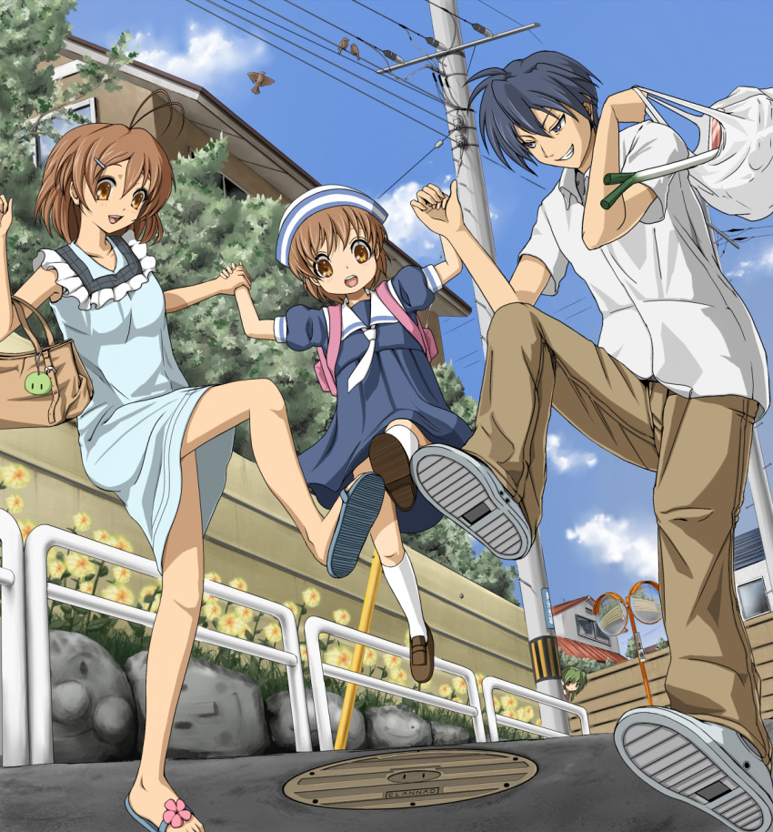 anpanman_(character), antenna_hair, bag, bird, blue_eyes, blue_hair, brown_eyes, brown_hair