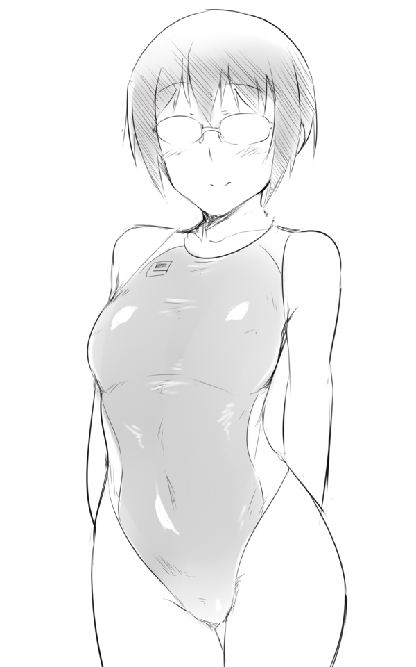 1girl, arms_behind_back, blush, eini_a_lukkanen, em, glasses, one-piece_swimsuit, short_hair, simple_background, smile, solo, strike_witches, swimsuit, white_background