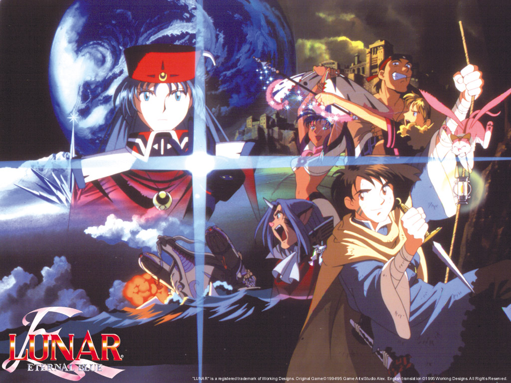 blonde_hair, blue_hair, brown_eyes, brown_hair, green_eyes, hiro_(lunar_eternal_blue), jean, lemina, leo, lucia_(lunar_eternal_blue), lunar_eternal_blue, ronfar, ruby, tattoo