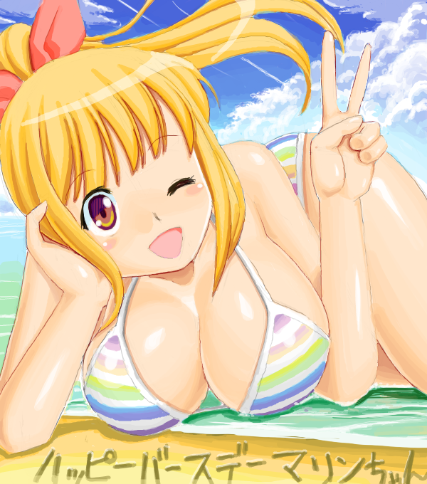 beach, bikini, blonde_hair, breasts, brown_eyes, cleavage, marin, ponytail