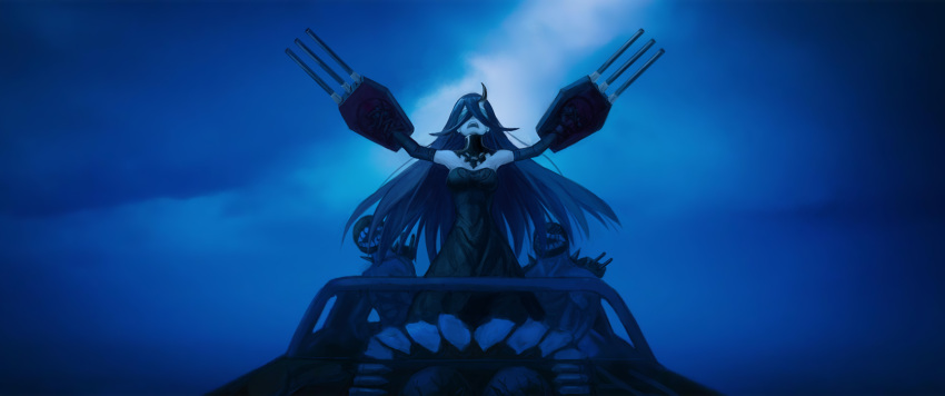 1girl, battleship_water_oni, black_dress, black_hair, blindfold, breasts, dr.beeeee, dress