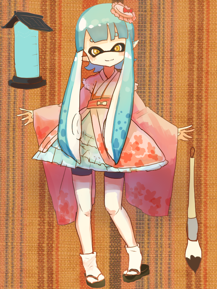 1girl, bike_shorts, blush, domino_mask, full_body, inkling, japanese_clothes, kimono