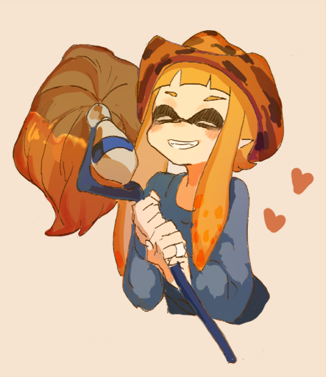 1girl, blue_shirt, blush, domino_mask, grin, heart, holding, inkling