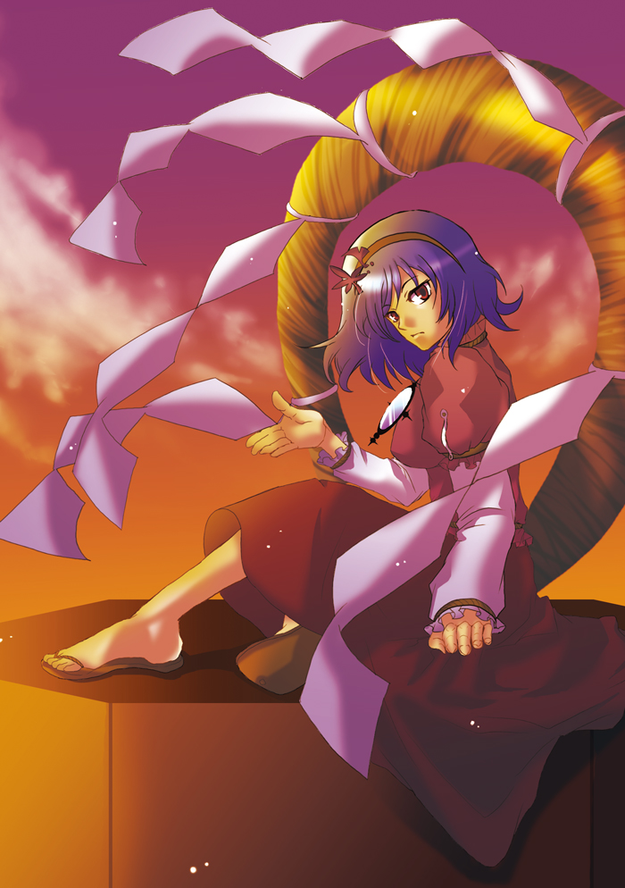 hairband, purple_hair, red_eyes, sandals, short_hair, skirt, totokoronn, touhou