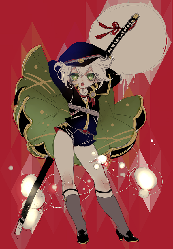 1boy, cape, chino_machiko, garters, green_eyes, grey_legwear, hat, hotarumaru