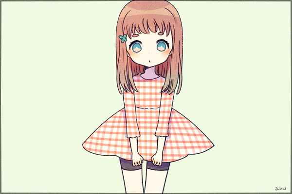1girl, aqua_eyes, artist_name, ayu_(mog), bangs, bike_shorts, border, brown_hair