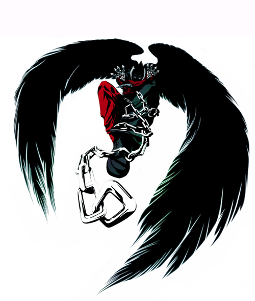 1boy, black_wings, chain, crossed_arms, demon_boy, demon_horns, devil_jin, feathered_wings